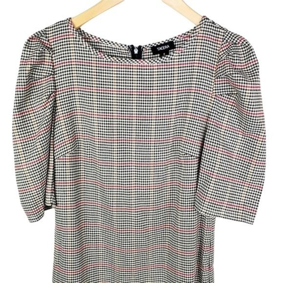 Tacera  Herringbone puff sleeves dress  Small Cream Pencil  Red  plaid - Picture 3 of 9